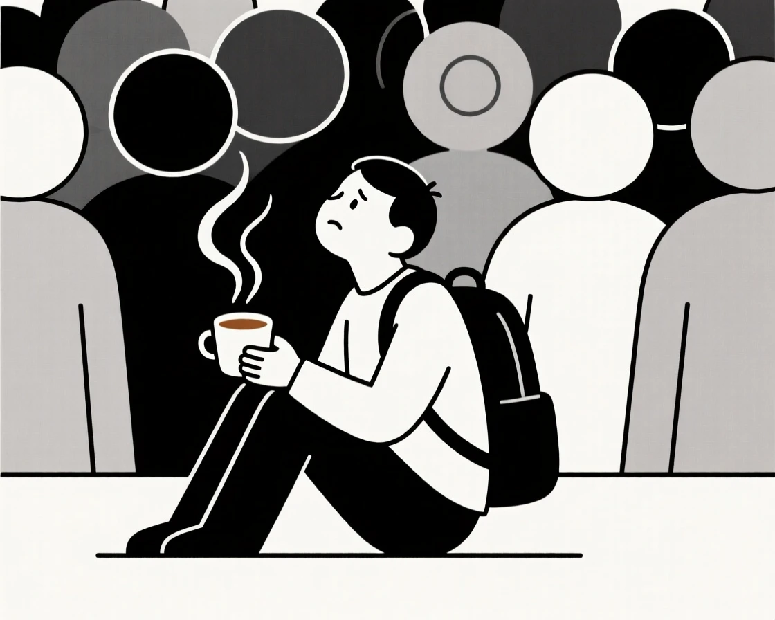A quiet moment of hopeful longing as a tired traveler pauses in a crowded celebration beside a warm cup of tea.