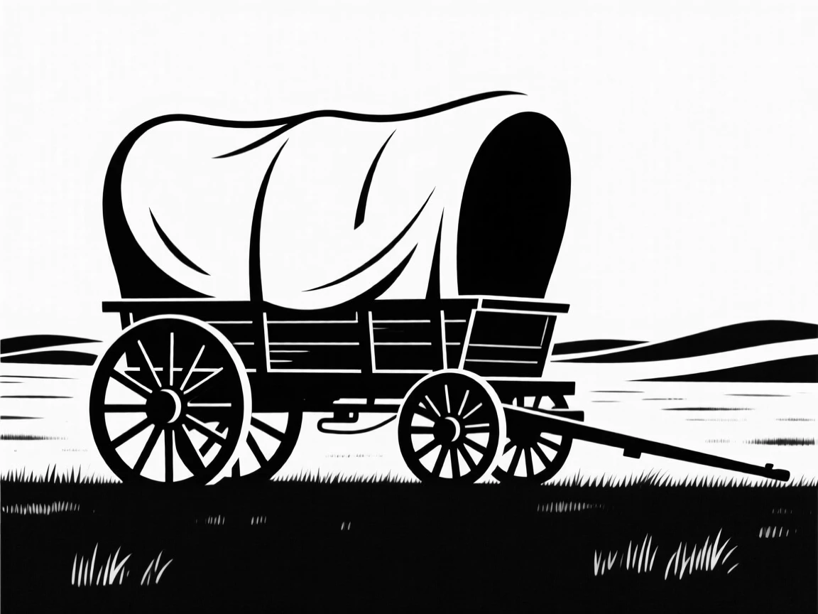A covered wagon crossing an open prairie.