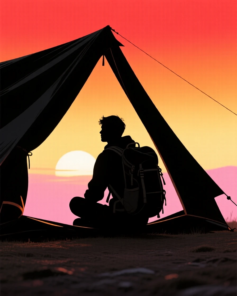 A solo backpacker watching the sunrise from inside an open tent.