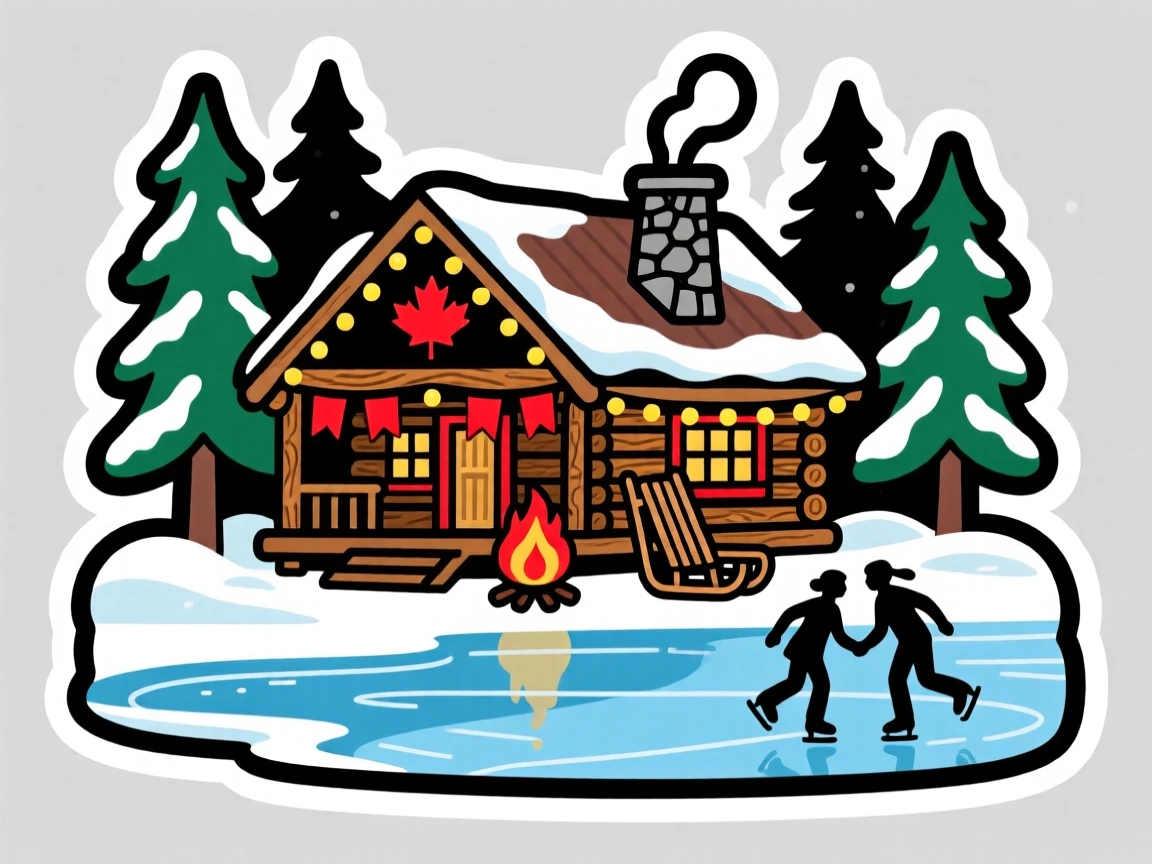 A colorful and lively Canadian log cabin beside a frozen lake, framed by traditional architecture, at the peak of a local festival.
