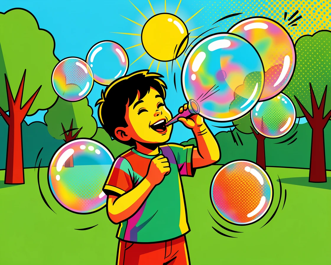 A child blowing bubbles in a sunlit backyard