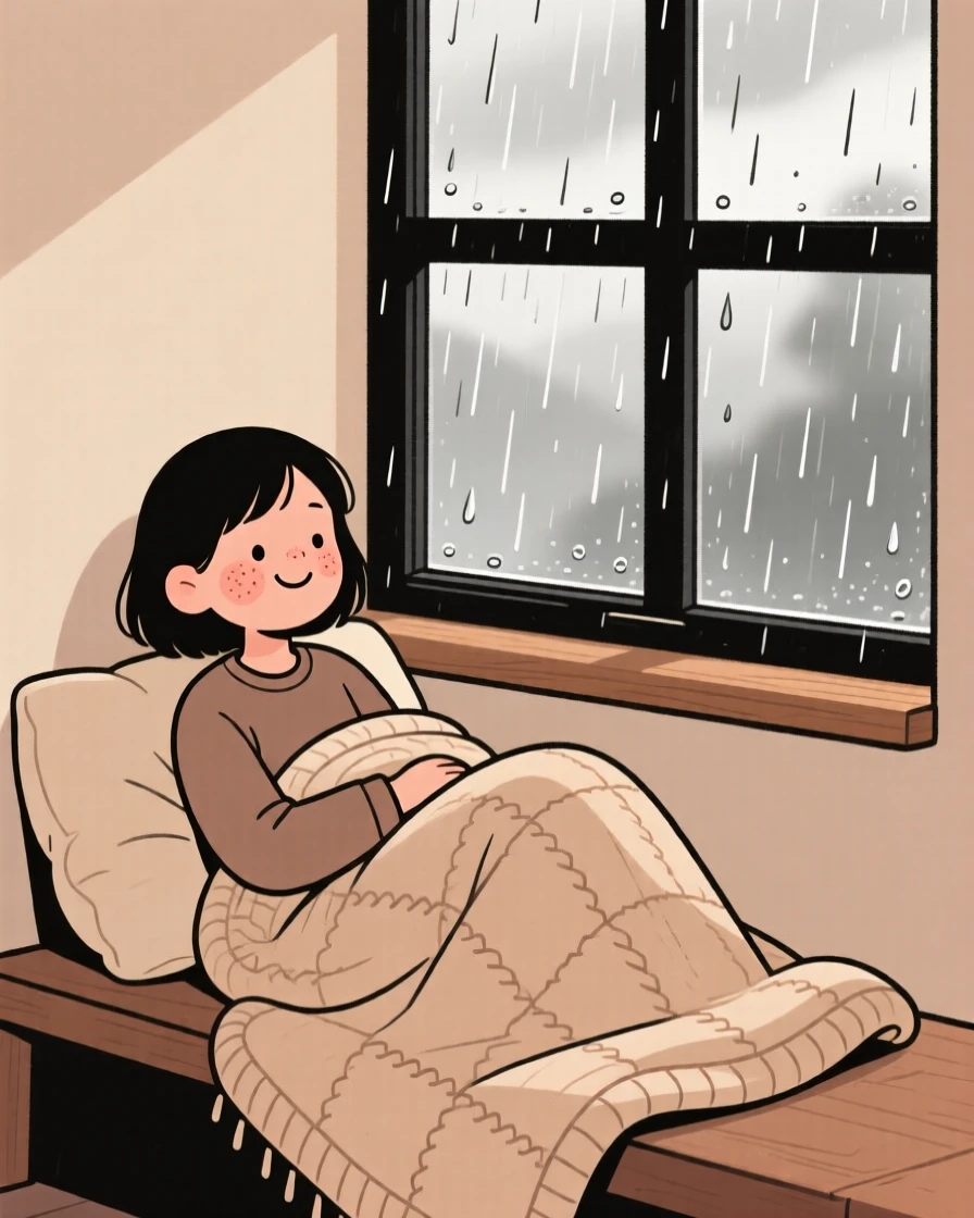 A teenager curls up in a window seat beside a rain-streaked window, wrapped in a knitted quilt while listening to rain on the roof.