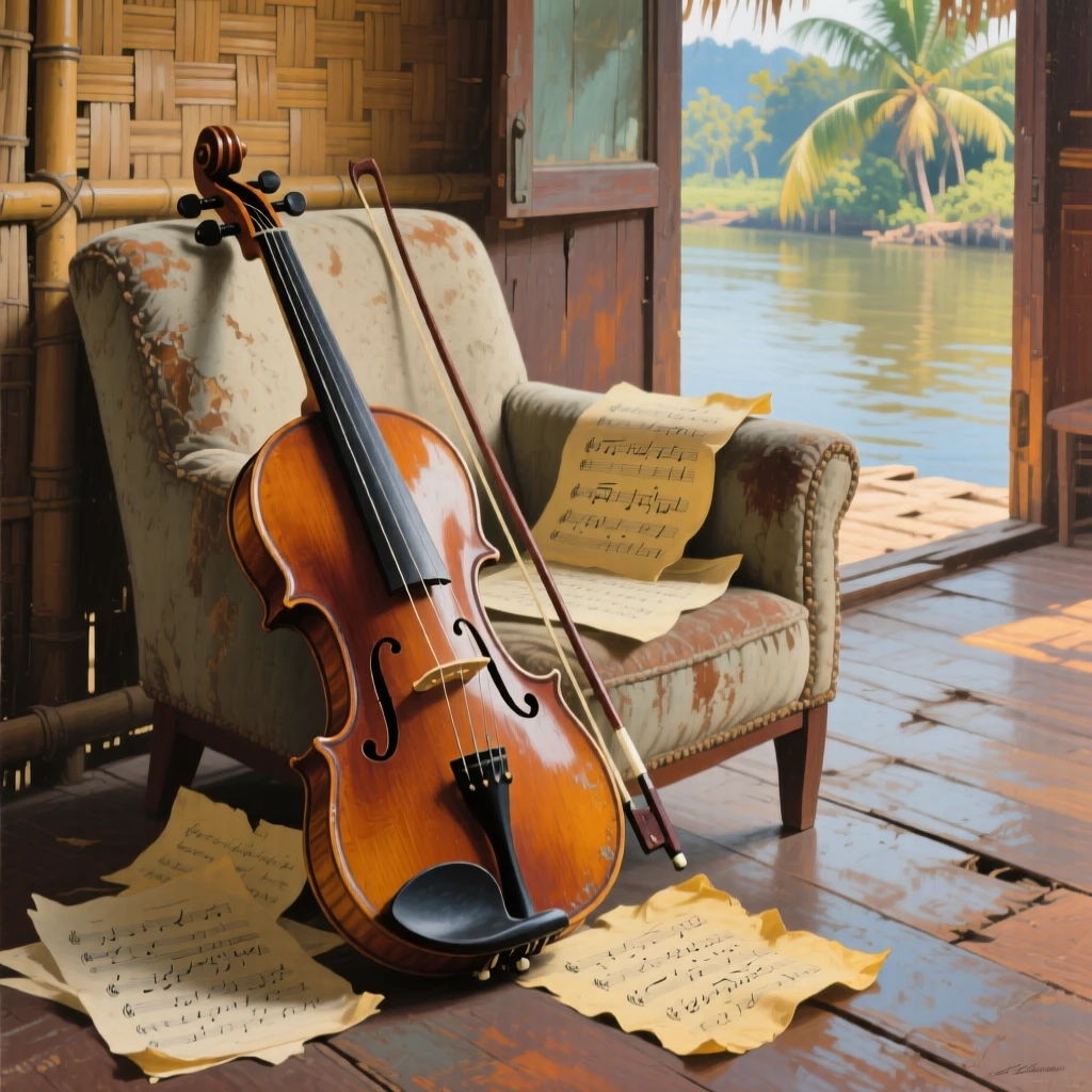 A close-up view of a violin leaning against a worn armchair beside sheet music, in a Thai river village, in the 1960s.
