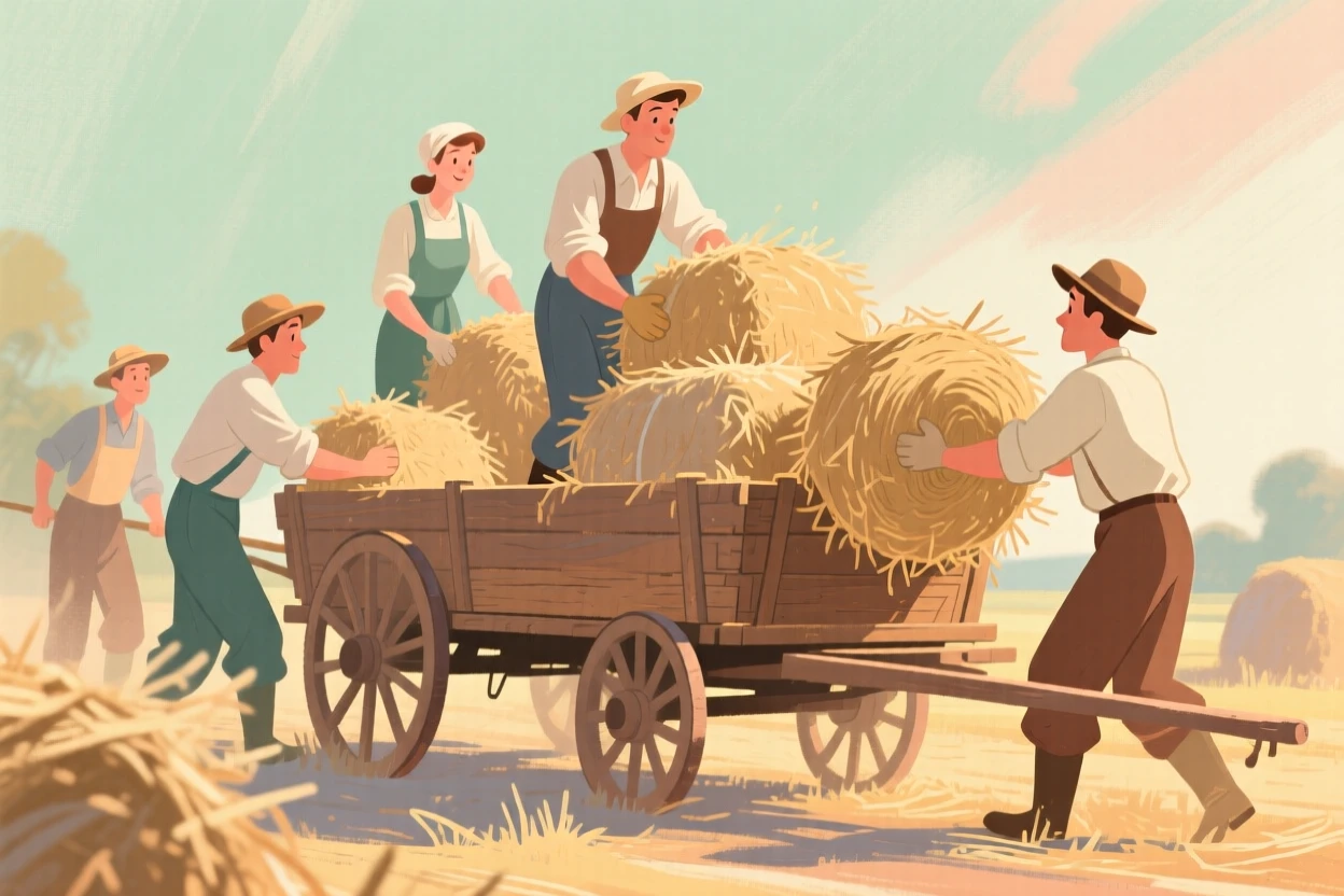 A group of farmhands loading hay bales onto a wooden wagon