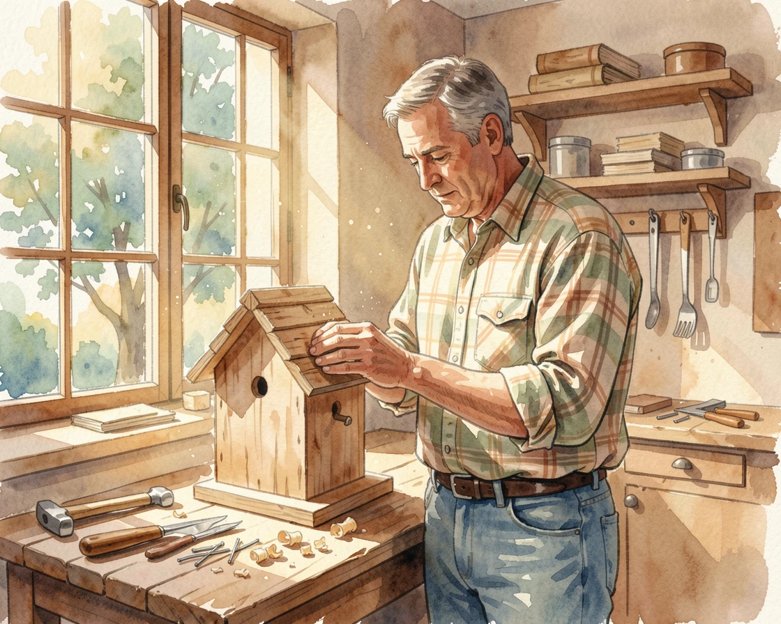 A man building a birdhouse in his workshop surrounded by natural light.