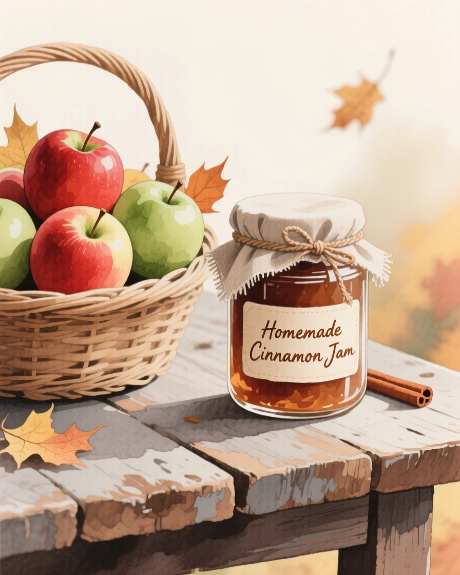A basket of freshly picked apples sits beside a jar of homemade cinnamon jam on a rustic autumn table