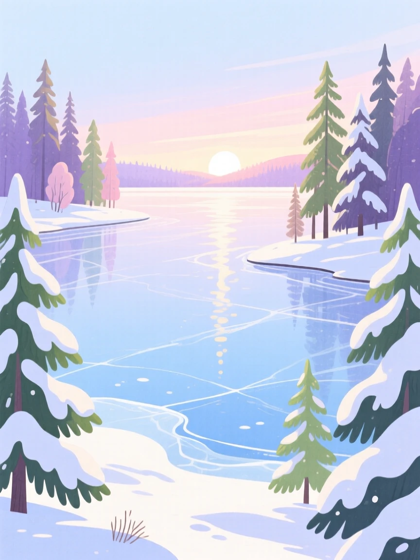 A sweeping view of a frozen lake surrounded by snowy pines at first light in spring.