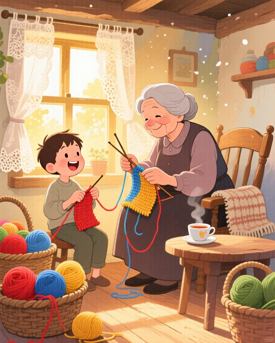 A grandmother teaching her grandson to knit by the window, in a sunlit cottage room with yarn baskets, with laughter caught mid-motion, the quiet joy of shared tradition.