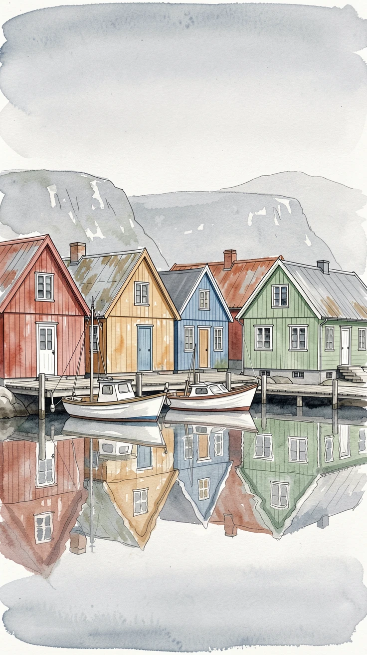 A colorful row of houses reflected in a still Nordic harbor, the scene rich with texture and quiet character.