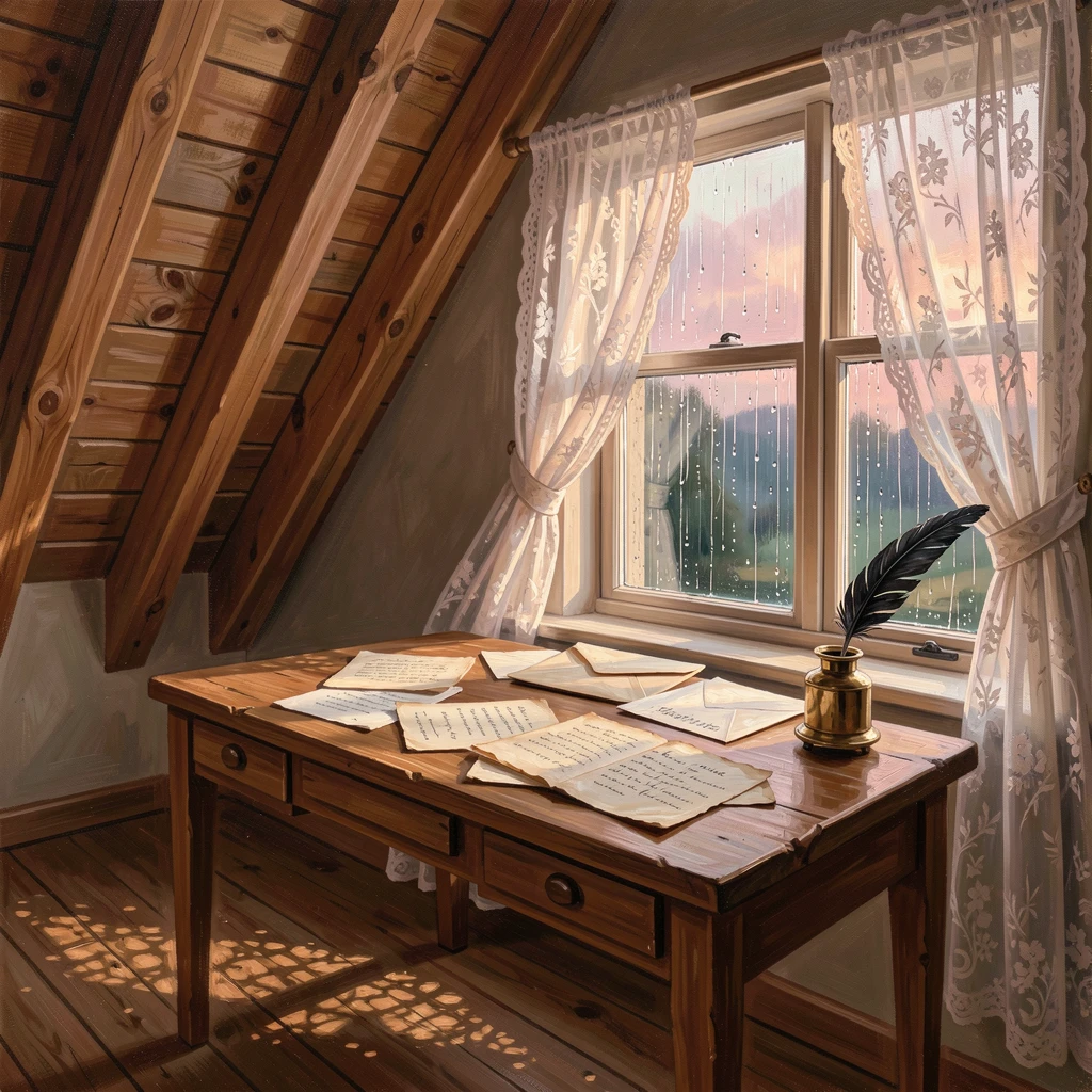 A cozy attic bedroom beneath sloped wooden beams, beside a wooden desk cluttered with letters and ink, rain tracing slow paths down the windowpane, at dawn, the first light spilling through lace curtains.