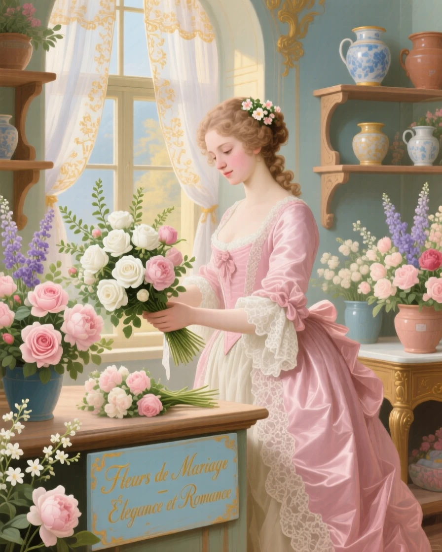 A florist arranging a wedding bouquet in a tiny shop  