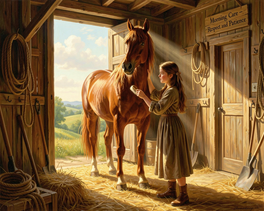 A young girl brushes her horse in a sunlit stable at morning.