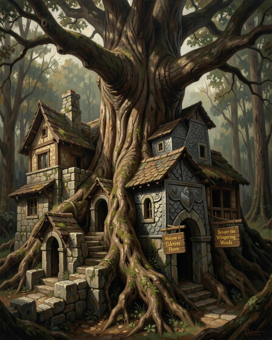 A hidden village built into the side of a massive, ancient tree, with intricate textures on armor, scales, or ancient stone, evoking wonder, mystery, and epic storytelling