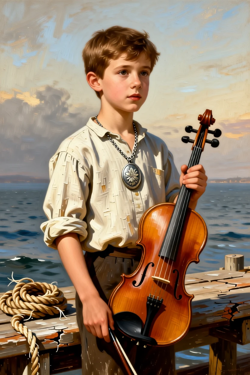 A young boy proudly holding his first violin pausing as if interrupted by an unseen presence, set on a weathered dockside bench beside coiled rope, with a cherished heirloom locket resting against her collarbone; warm and cool tones contrast to separate figure from background, suggesting a private world just glimpsed by the viewer.