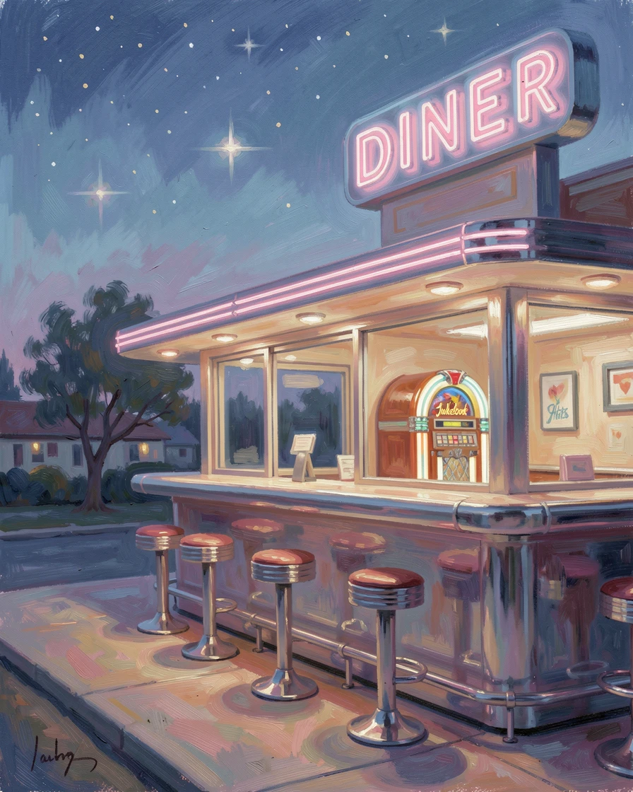 A 1950s diner with neon signs, chrome stools, and a jukebox playing beneath the evening lights, under a canopy of stars.