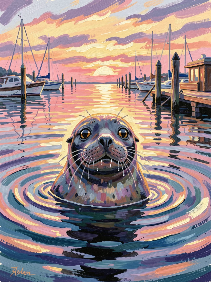 A curious seal poking its head above calm harbor water at sunrise.