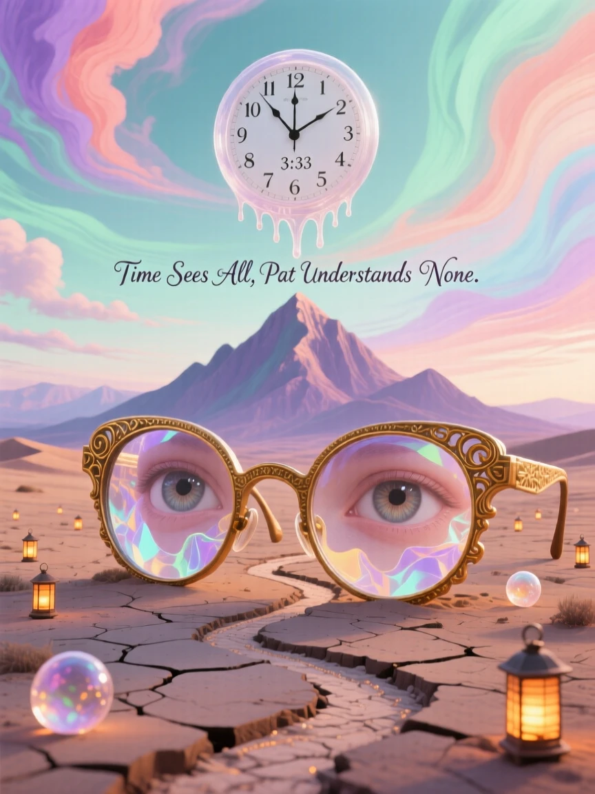 A colossal pair of spectacles framing a distant mountain range sits abandoned beneath a sky streaked with soft pastel clouds, while tiny paths have been worn into the ground around it.