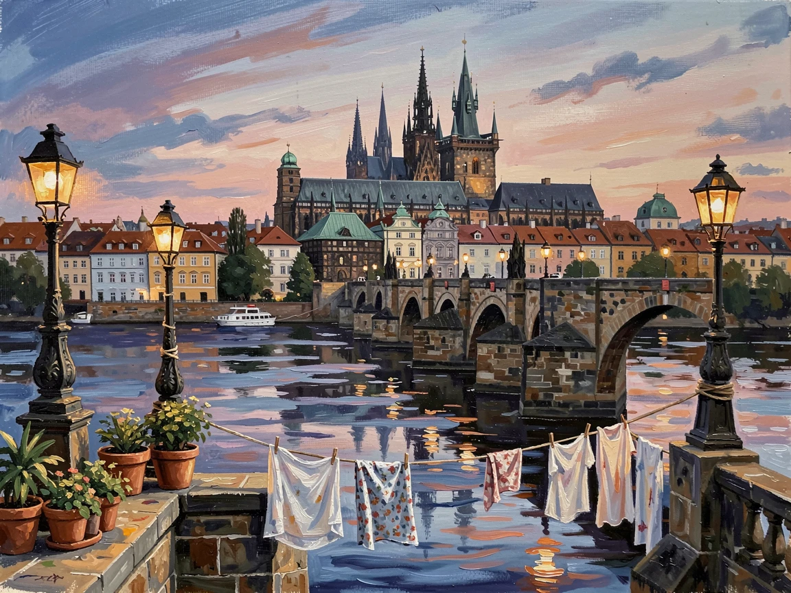 Prague Castle's spires rise above the Charles Bridge at dusk, streetlamps beginning to glow along the ancient stone crossing over the Vltava River, small everyday details, like drying laundry or potted plants, giving the scene a lived-in warmth.
