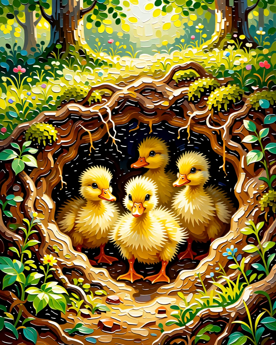 A heartwarming photo of a duckling family peeking out curiously from a burrow entrance