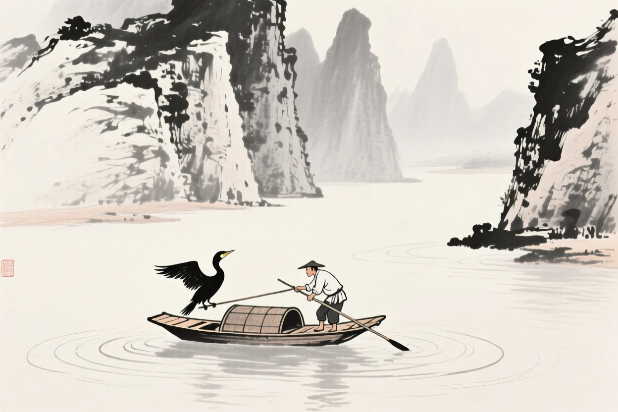 Cormorant fishermen work together on a river beneath tall cliffs, as ripples spread slowly outward from the boat.