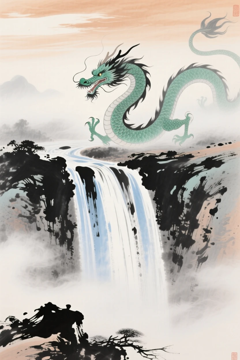 A jade dragon curling above a waterfall that seems to fall from the sky, at midday, in the mild days of early winter, through swirling morning fog.