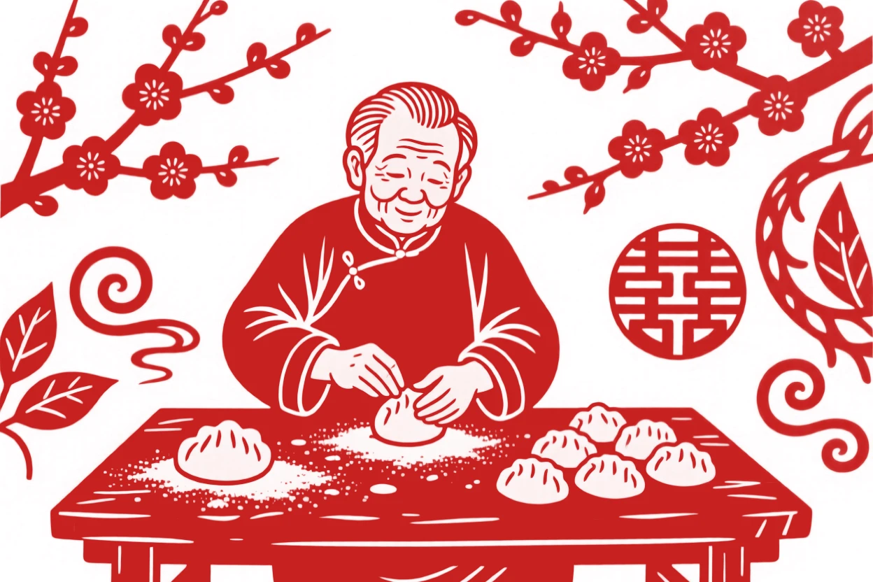 A village elder, folding dumplings at a flour-dusted table, in a scene of quiet contentment and simple joy.