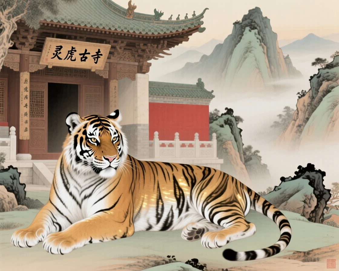 A spirit tiger with faintly glowing stripes over an ancient mountain temple