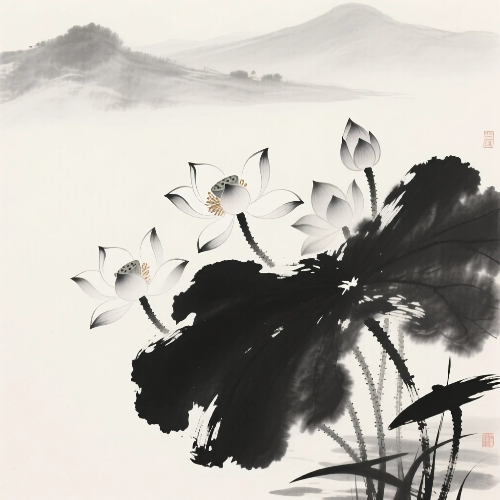A cluster of blooming lotus flowers framed by distant, hazy mountains, rendered in close, intimate detail, celebrating the fleeting beauty of the season.