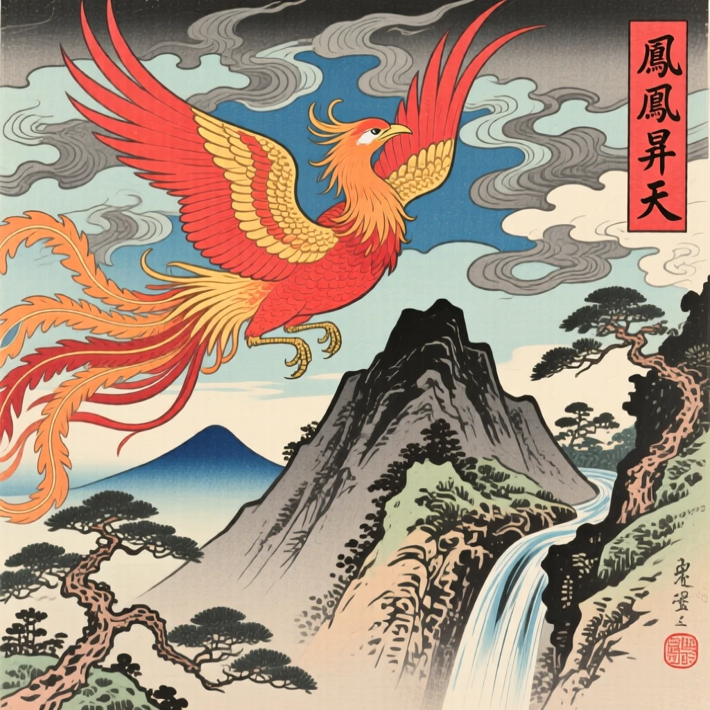 A rising phoenix riding a swirling storm cloud above the peaks.
