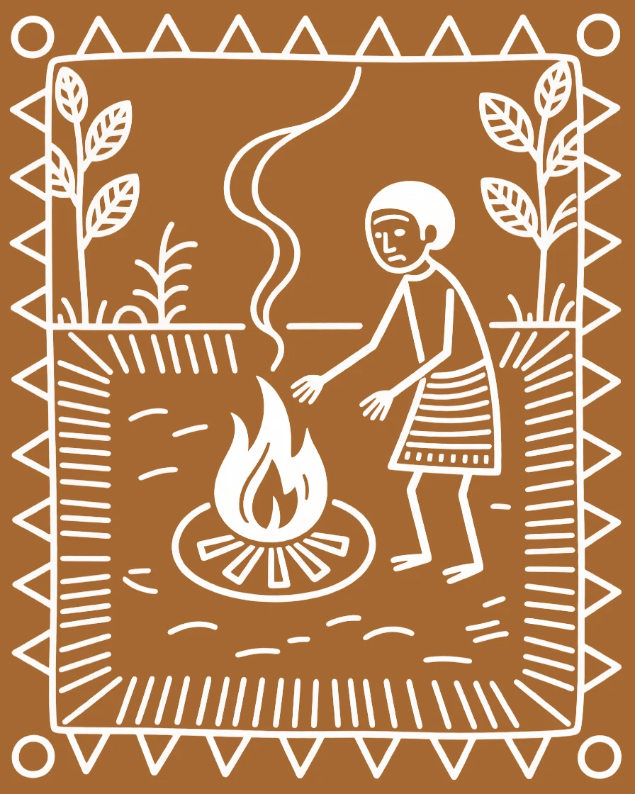 An elder lighting a sacred fire in a courtyard filled with the scent of incense.