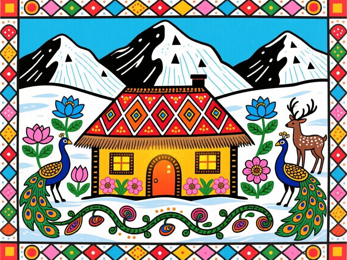 A mountain hut glowing warmly against a backdrop of snowy peaks.