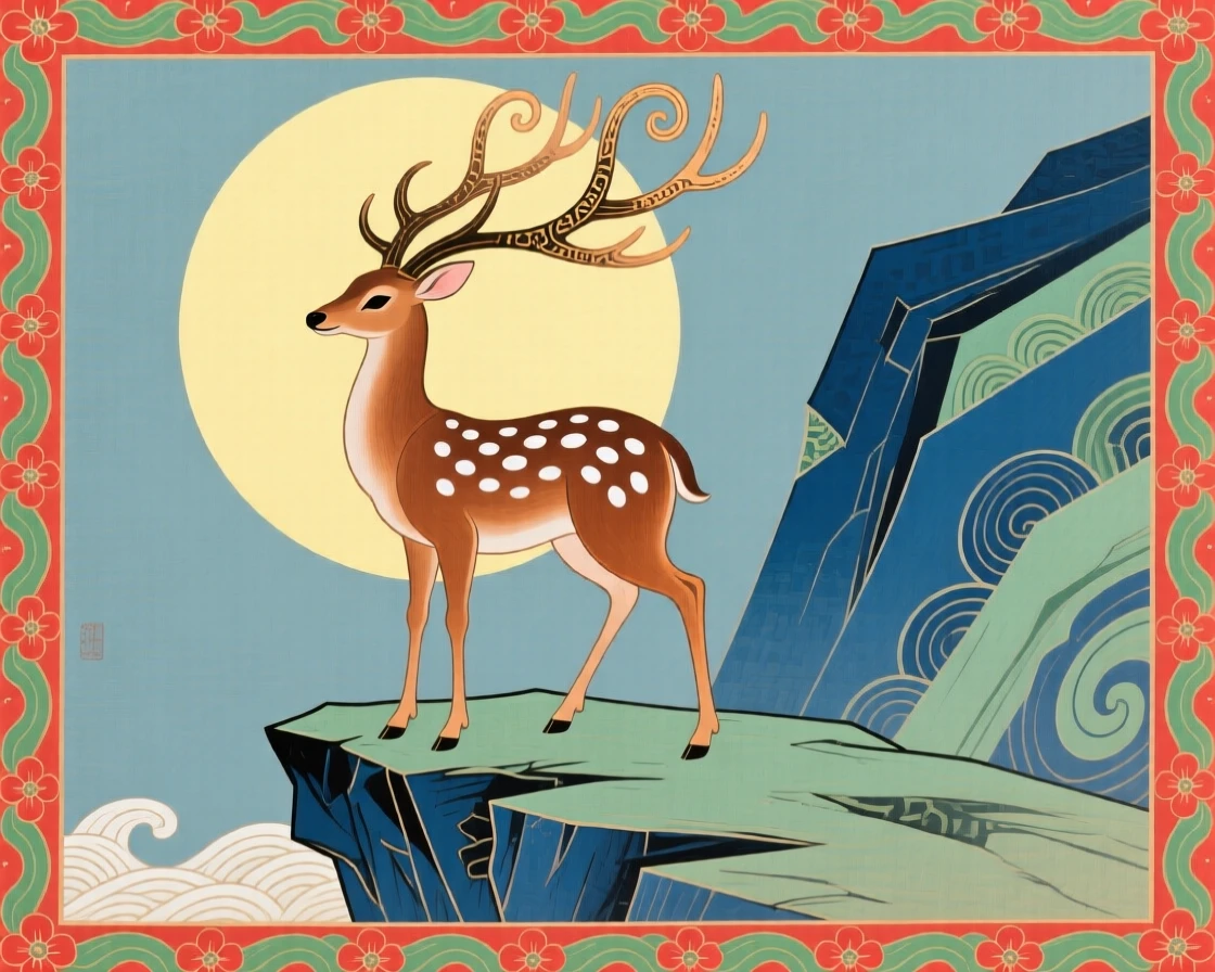 A spotted deer with tall antlers, standing beneath a full moon on a cliff.