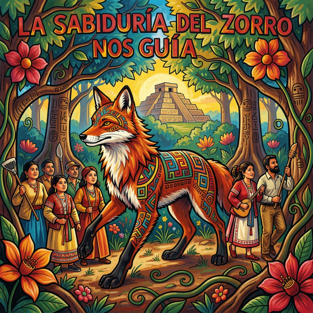 A spirit fox leading travelers through an enchanted forest