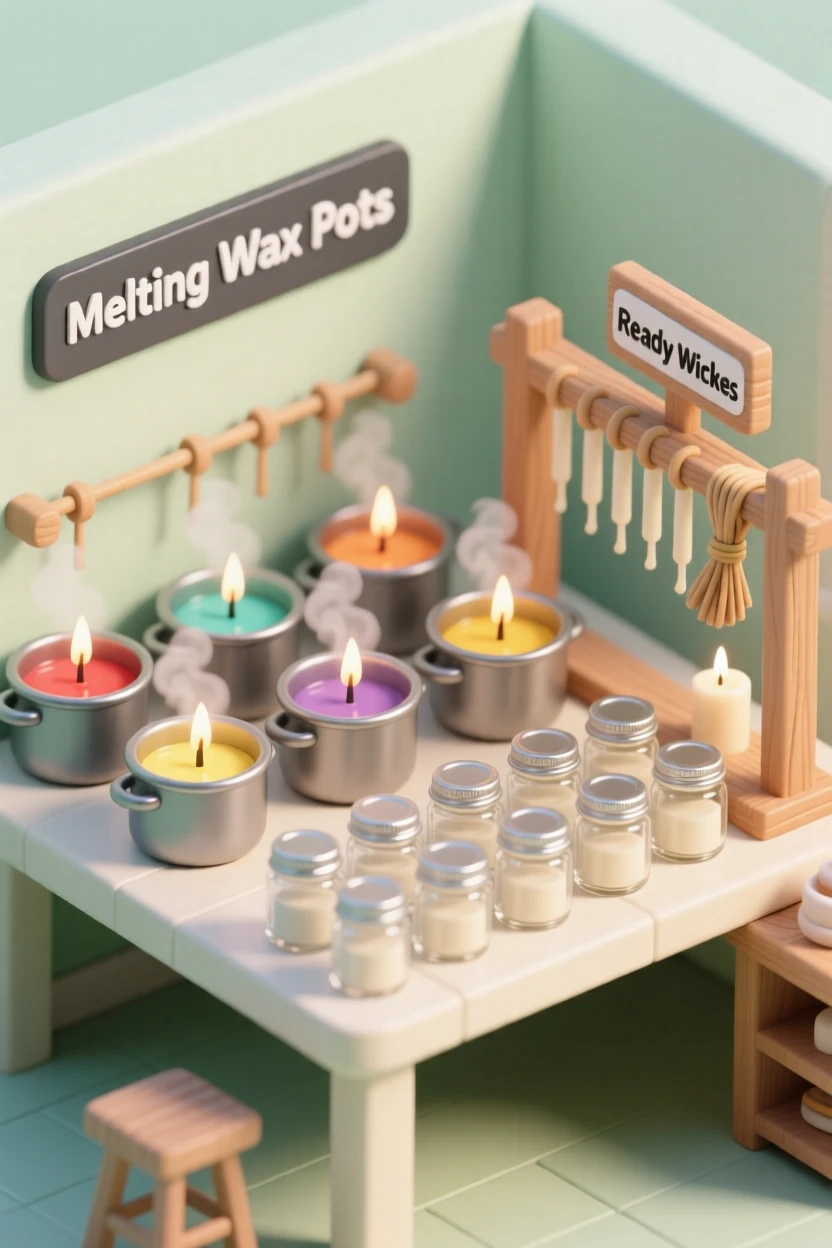 A candle-making workshop with rows of colorful wax melting in pots, wicks strung and ready, and jars lined up for filling.