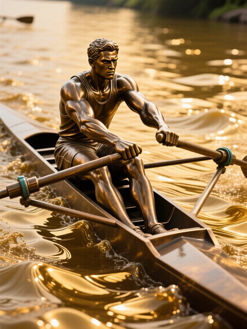 A champion rower pulling hard against a golden river current, in a moment of quiet triumph, forming a strong central focal point