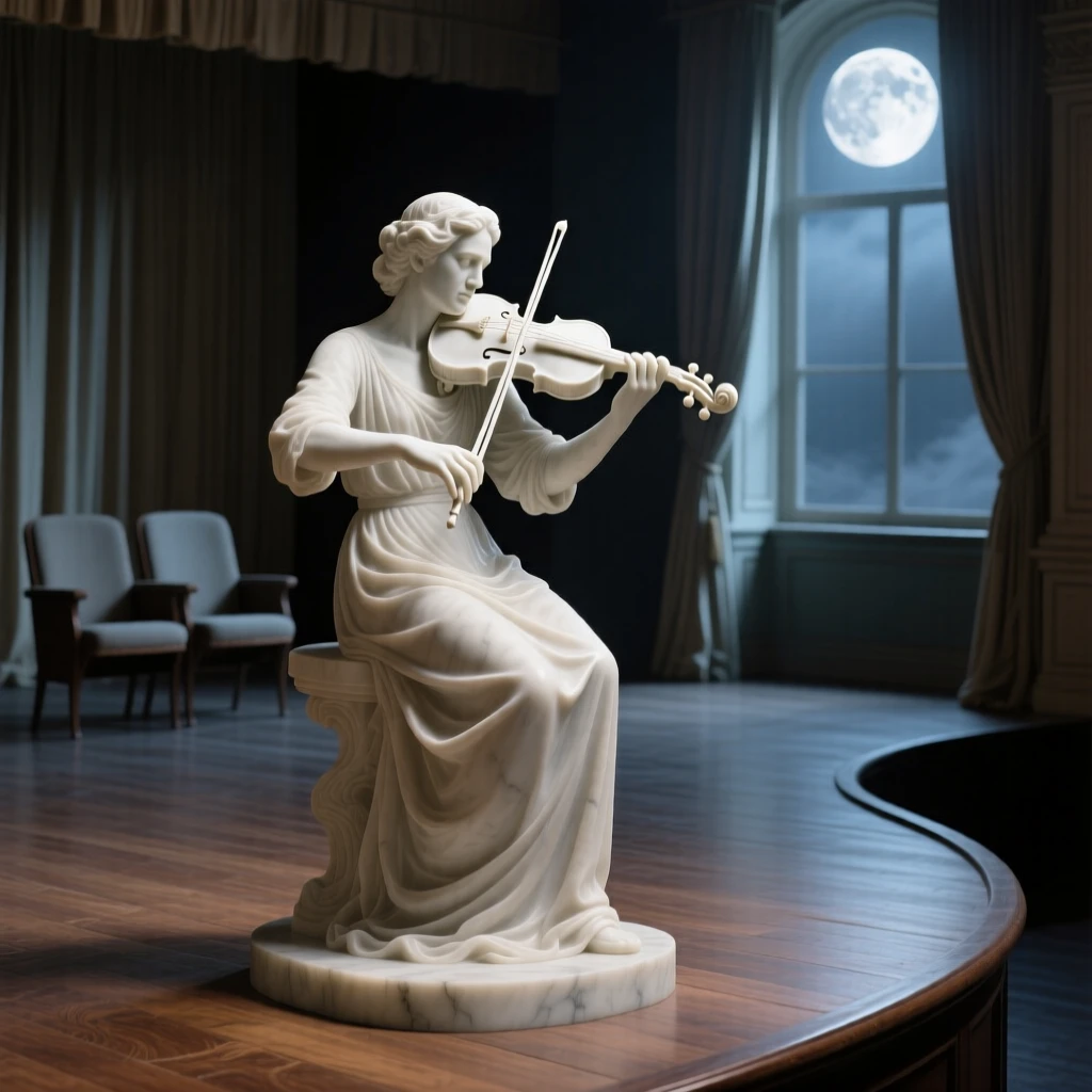 A beautifully composed image of a violinist performing for an empty, moonlit theater, captured with cinematic depth and detail, full of atmosphere and visual storytelling