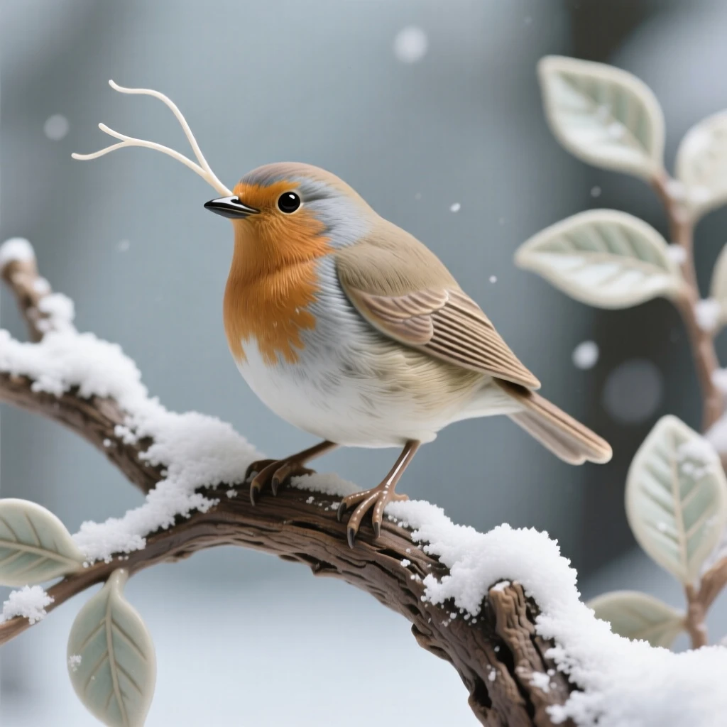 A robin perched on a snow-dusted branch resting quietly amid soft foliage, with delicate antennae catching the breeze, capturing a serene moment suspended in time.