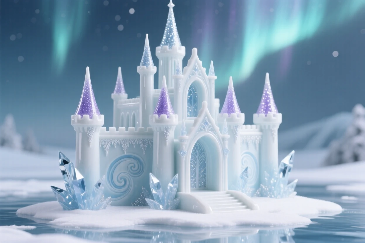 A magical frozen palace built of glittering ice, colors shifting like an aurora overhead.
