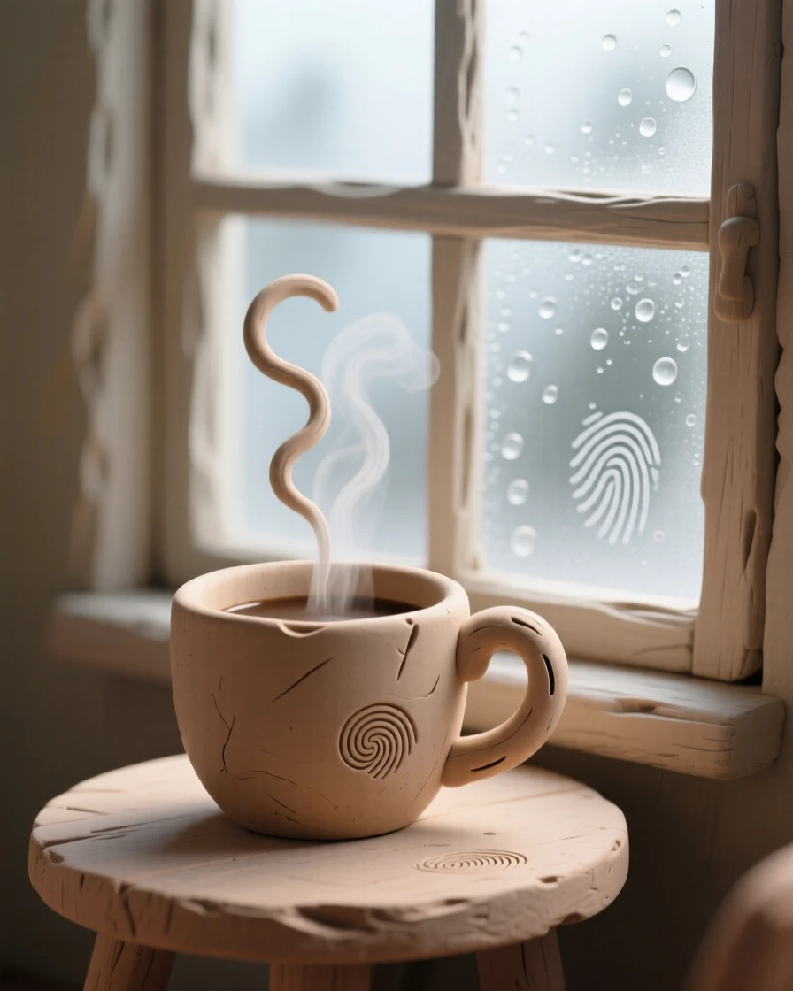 A steaming cup of coffee beside a fogged-up morning window
