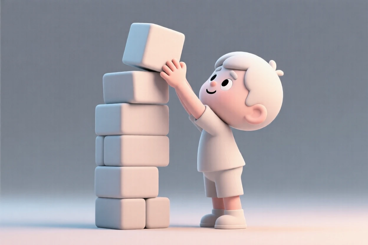 A determined child stacks the final block atop a wobbling tower, holding their breath in anticipation.