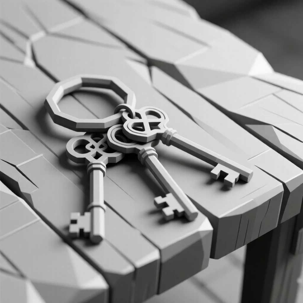 A key ring with ornate antique keys, on a weathered wooden table. a shallow depth of field isolates the main object. There is a calm, contemplative stillness.