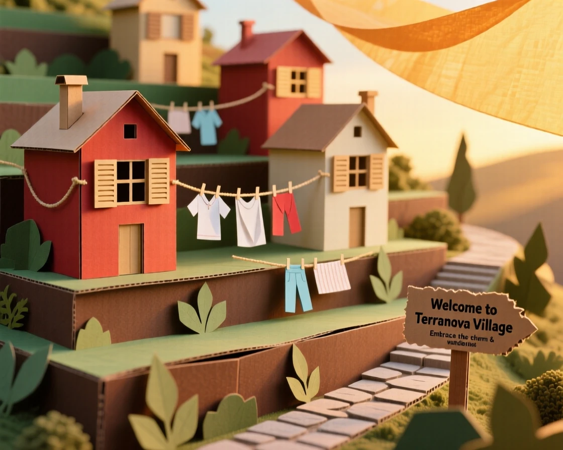 A terraced hillside village bathed in the golden light of late afternoon, with laundry lines strung between windows, evoking wanderlust and cultural charm.