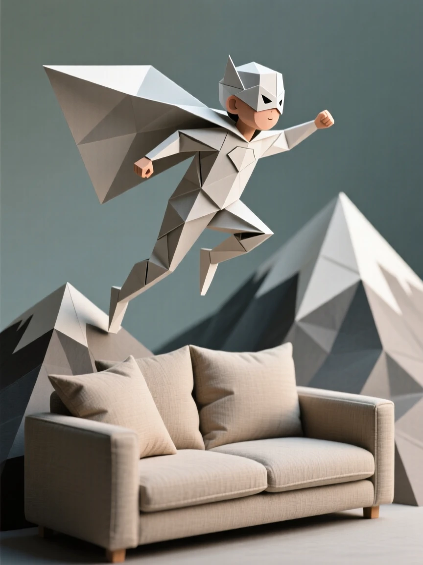 A child dressed as a superhero, cape flying, leaping off a couch cushion mountain.