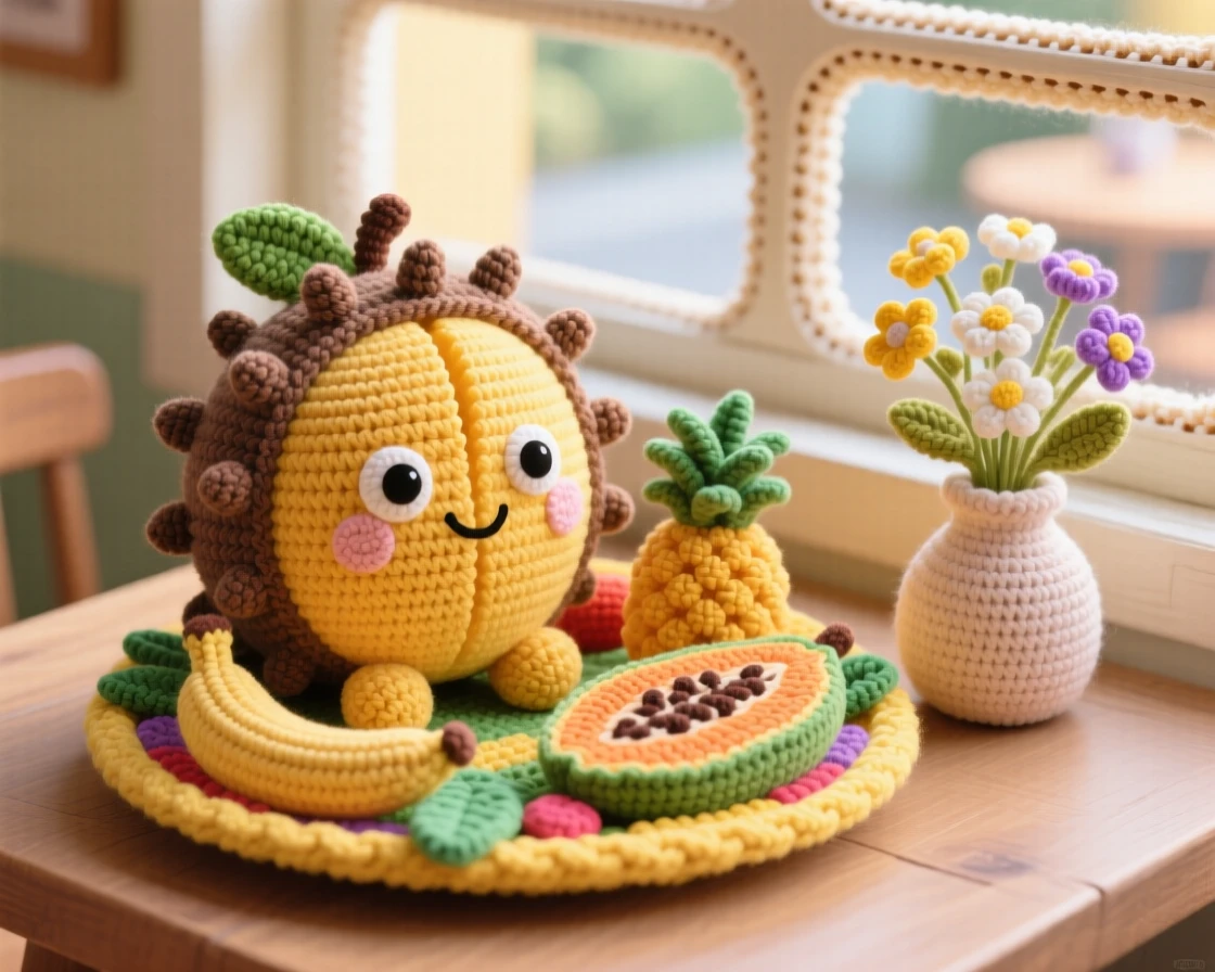 A delightful still-life of a round mango character sliced into a hedgehog pattern, resting on a tropical fruit platter within a cheerful cafe window display; a small vase of wildflowers on the table nearby, full of a cozy sense of shared treats.