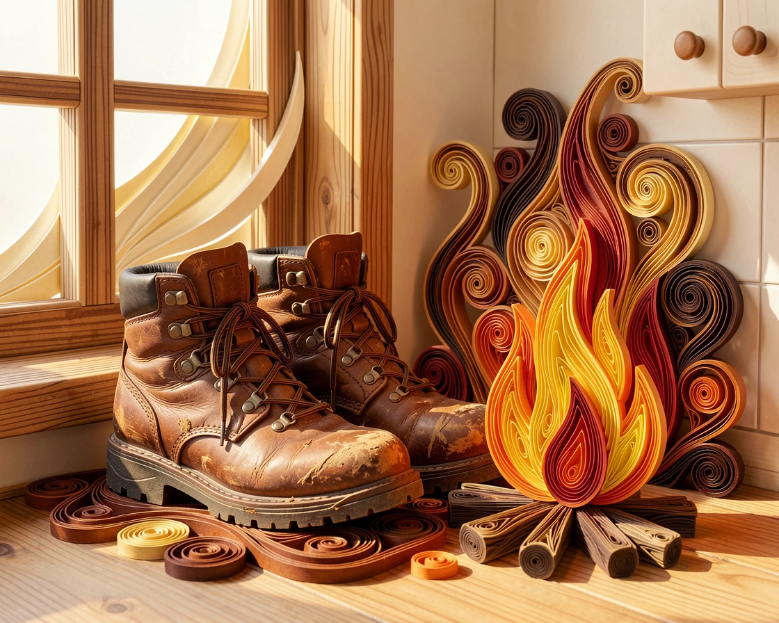 a pair of well-worn hiking boots beside a campfire, beside a sunlit kitchen window, composed with soft natural light from one side, in cozy autumnal tones of rust and brown.