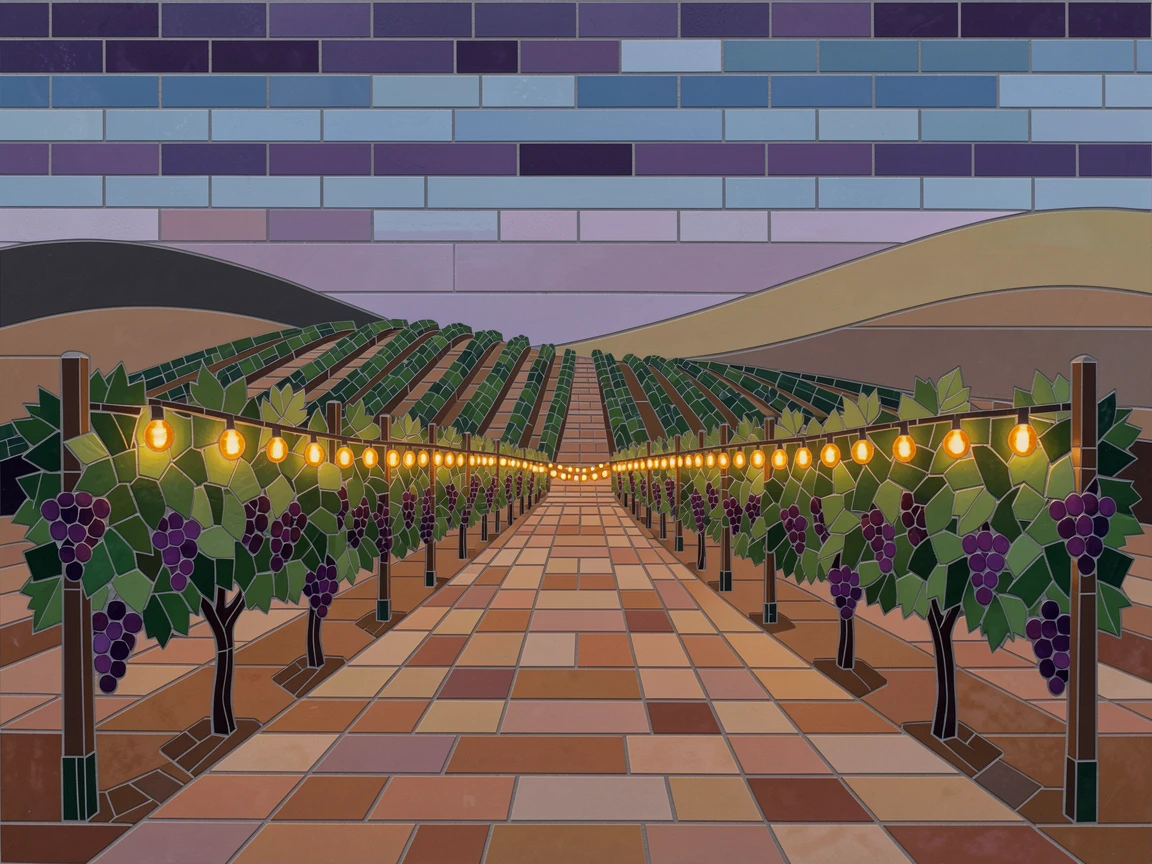 A peaceful vineyard at dusk with string lights strung between the vines.