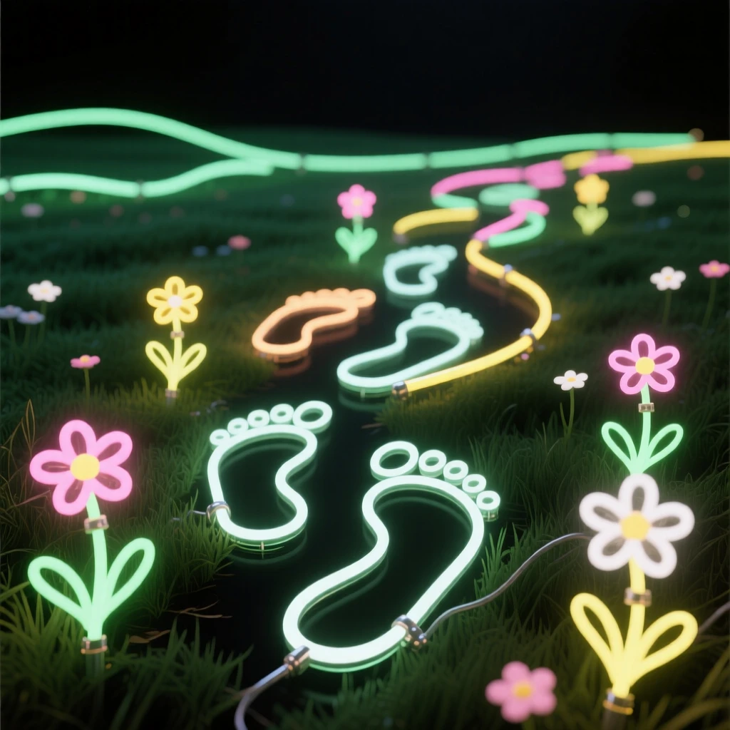 A meadow where footprints bloom into small flowers with each step.