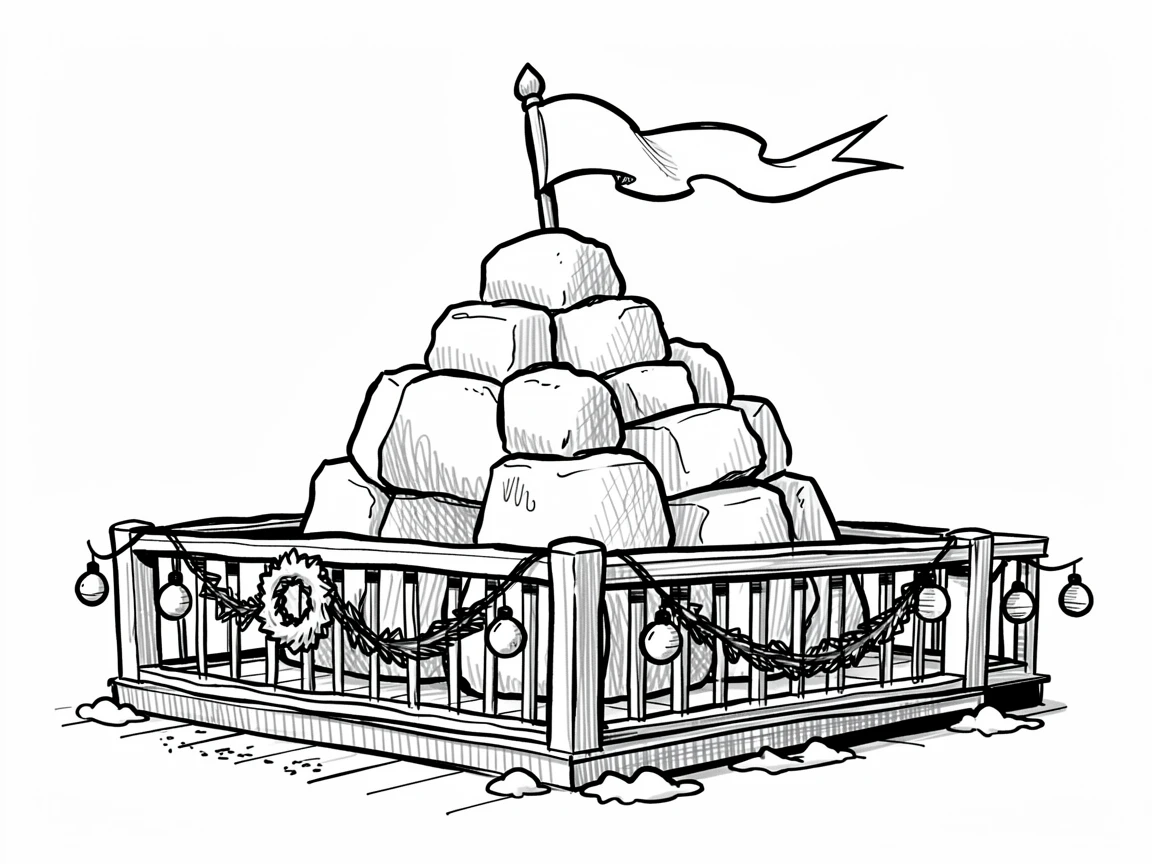 A snow fort with a flag on top on a porch decorated for the season.