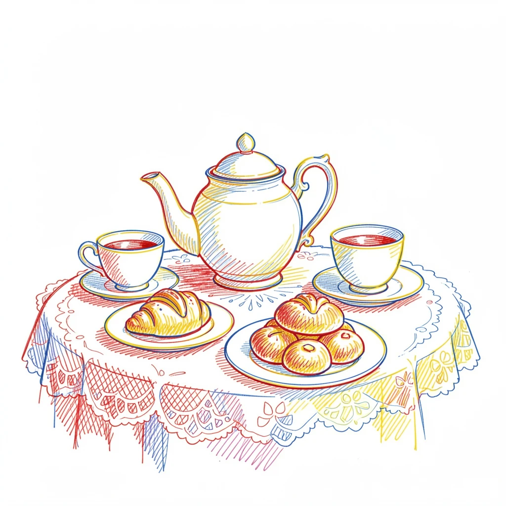 A tea set arranged elegantly on a lace tablecloth with fresh pastries