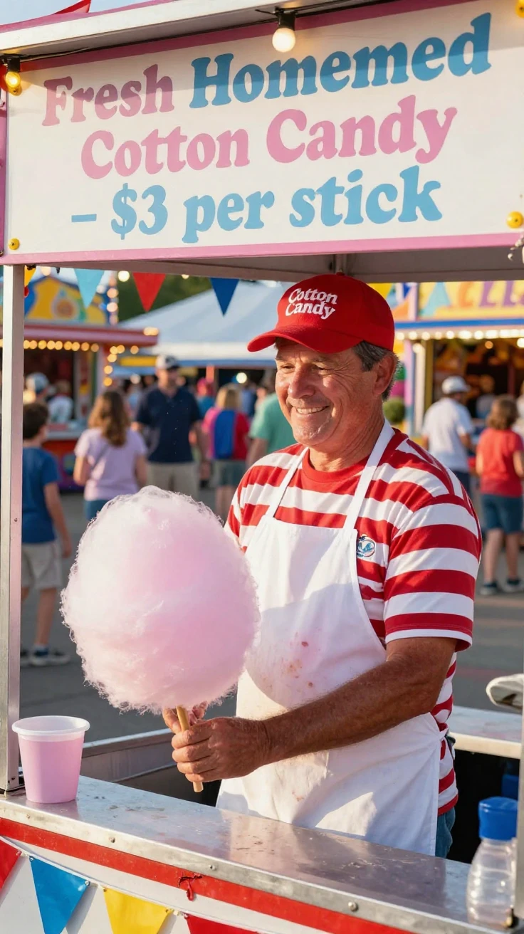 A cotton candy vendor at a bustling county fair